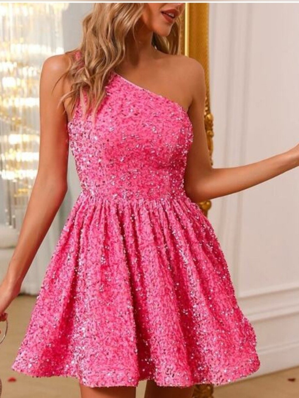 Faeriesty One-Shoulder Sequin Mini Dress in Hot Pink